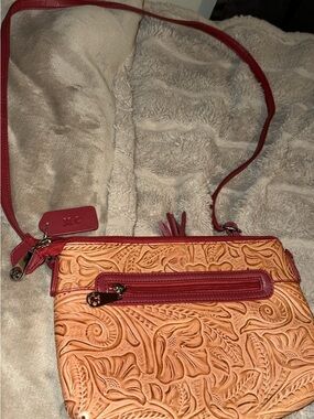 Marc Chantal Tooled Leather Crossbody includes wristlet & tag